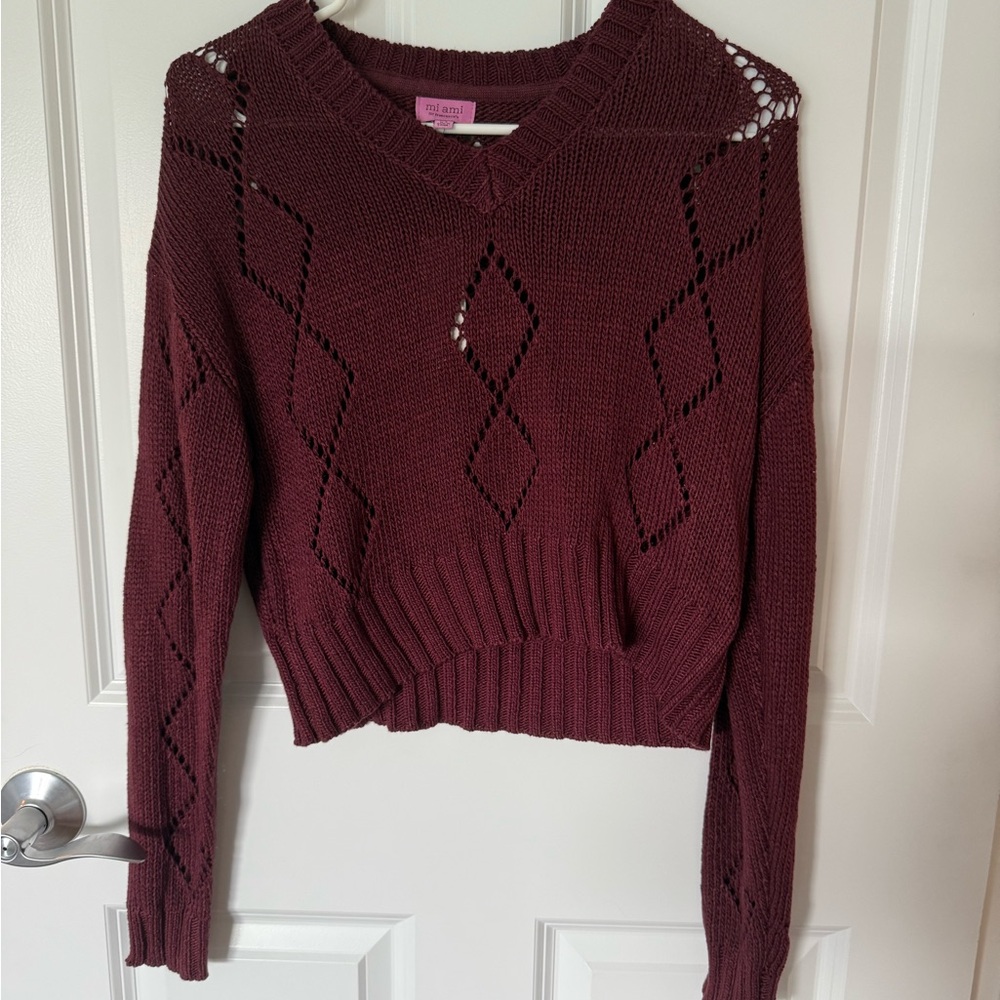 Francesca's Collections Red V-Neck Sweater with Intricate Knit Design